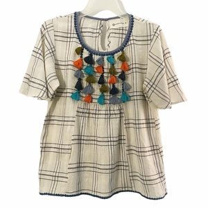 Boho gauze cotton colorful tassel blouse, cream